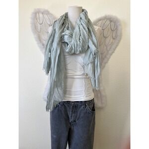 Gauzy Crinkle Textured Knit Fringe Scarf Sage Green Boho Winter Warm Kawaii Cute